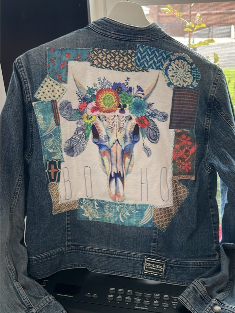 Vintage custom Boho colorful bull horn graphic denim jacket